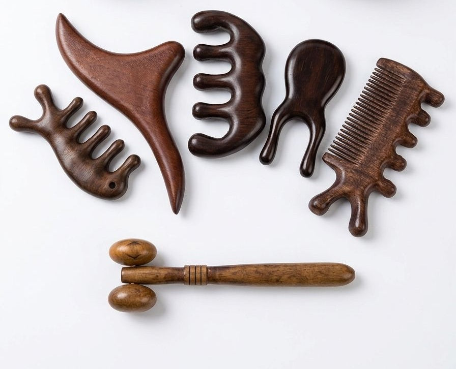 LOT DE 6 ACCESSOIRES DE MASSAGE MADEROTHERAPIE ET GUA SHA EN BOIS NATUREL